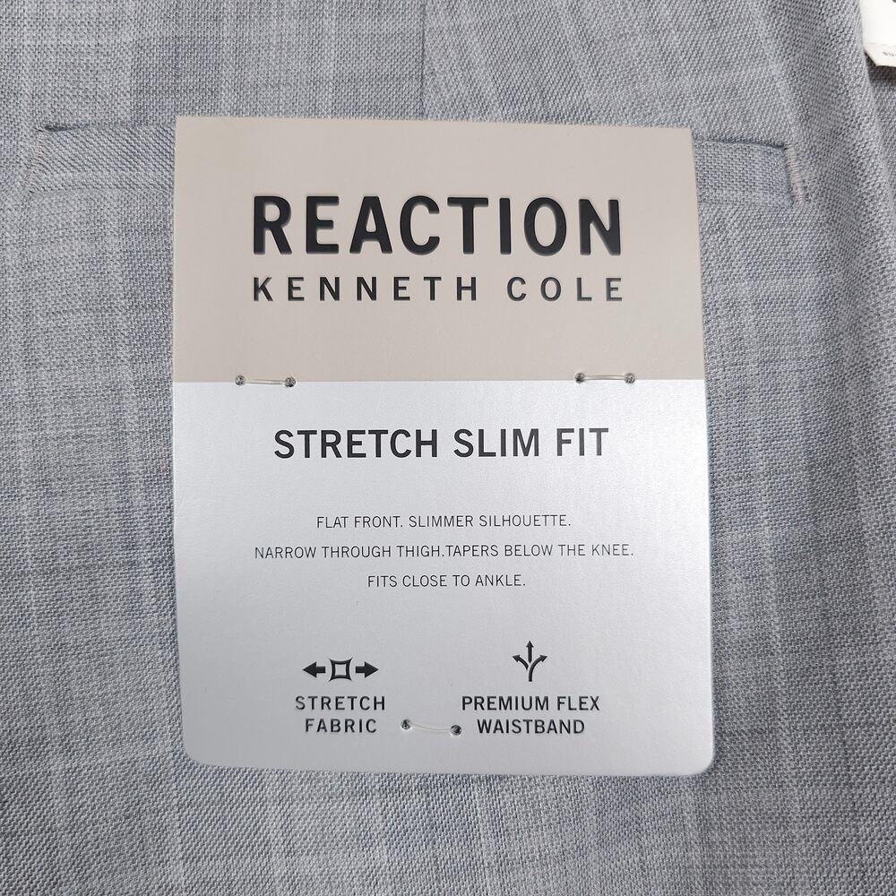 Kenneth Cole Reaction Mens Slim Fit Dress Pants 34x32 Light Grey Plaid Stretch - Picture 10 of 13